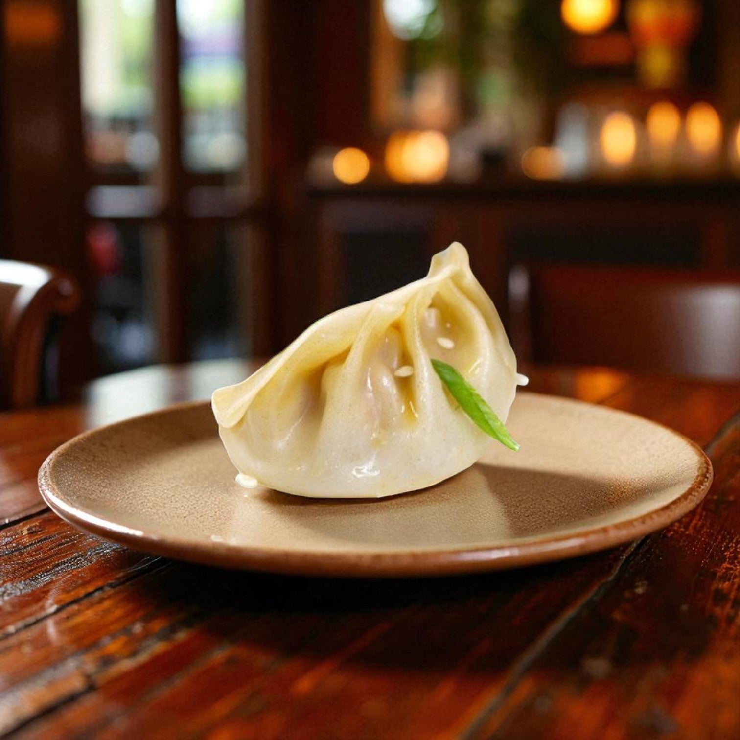 A Van Lang Chicken Potsticker, from our 200-count frozen appetizer pack, is garnished with a green leaf and served on a brown ceramic plate atop a wooden table in a softly lit restaurant.