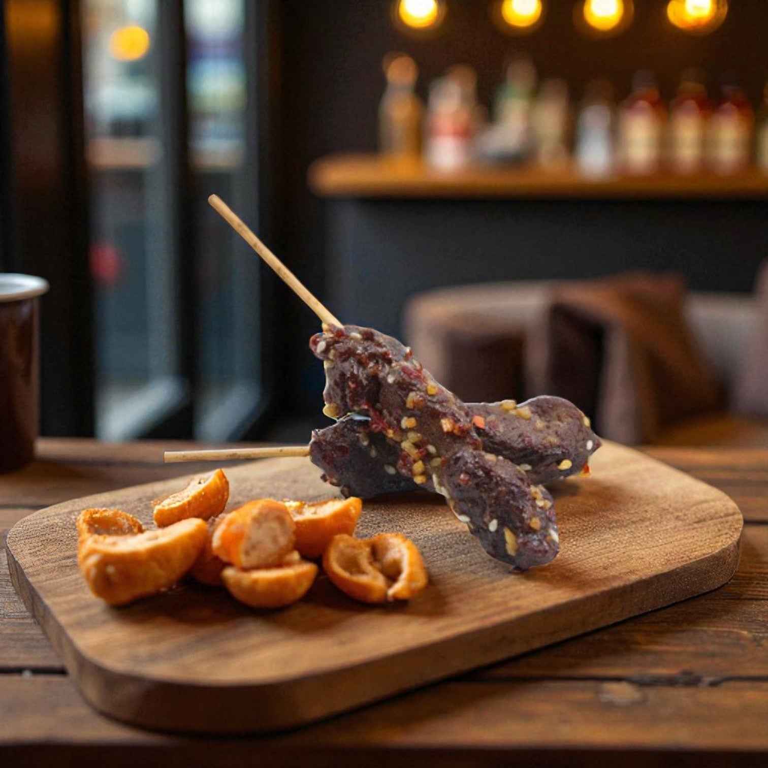 Van Lang Beef Skewers – 200 Count (Fully Cooked, Frozen Appetizers) feature two skewered pieces of marinated beef with spices and dried apricots, artfully arranged on a wooden board—ideal for appetizer catering.