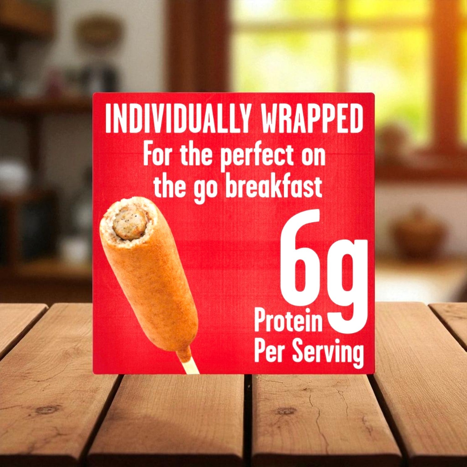 A sign for Jimmy Dean Original Pancake and Sausage on a Stick, Frozen, 20 ct-1 Pack, reads "For the perfect on the go breakfast" and highlights "6g protein per serving" in large text.