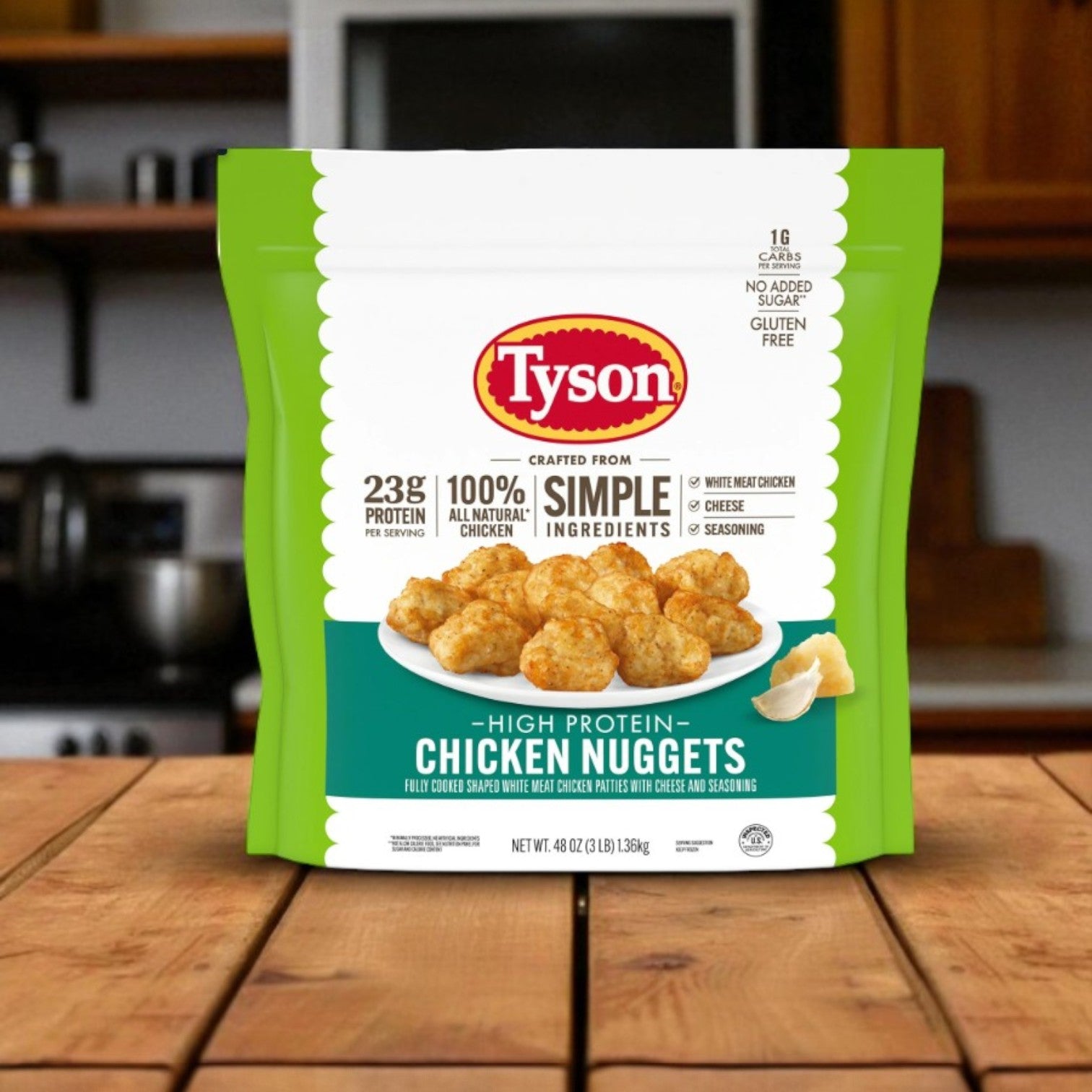 A 3 lb bag of Endless Market Tyson Simple Ingredient Chicken Nuggets sits on a kitchen counter, highlighting their all-natural ingredients and high protein—ideal for anyone seeking wholesome, simple frozen chicken nuggets.