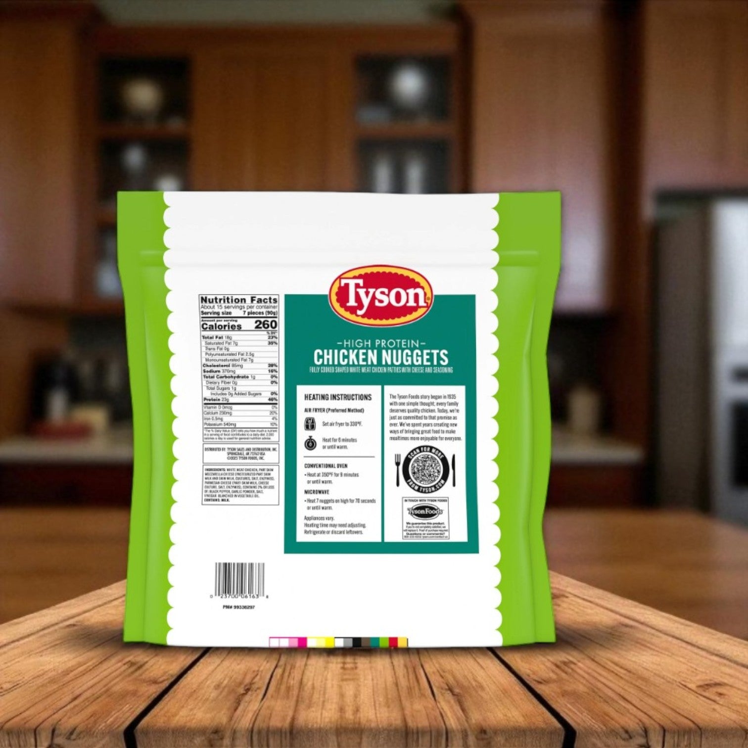 A 3 lb bag of Endless Market Tyson Simple Ingredient Chicken Nuggets, Frozen, rests on a wooden surface with visible nutrition facts and instructions. These high protein nuggets are ideal for a fast, wholesome meal.