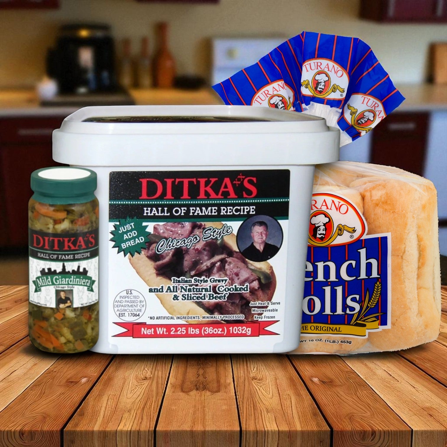 Ditka’s Italian Beef Sandwich Kit – Includes Beef, Rolls & Mild Giardiniera (3 of Each!)