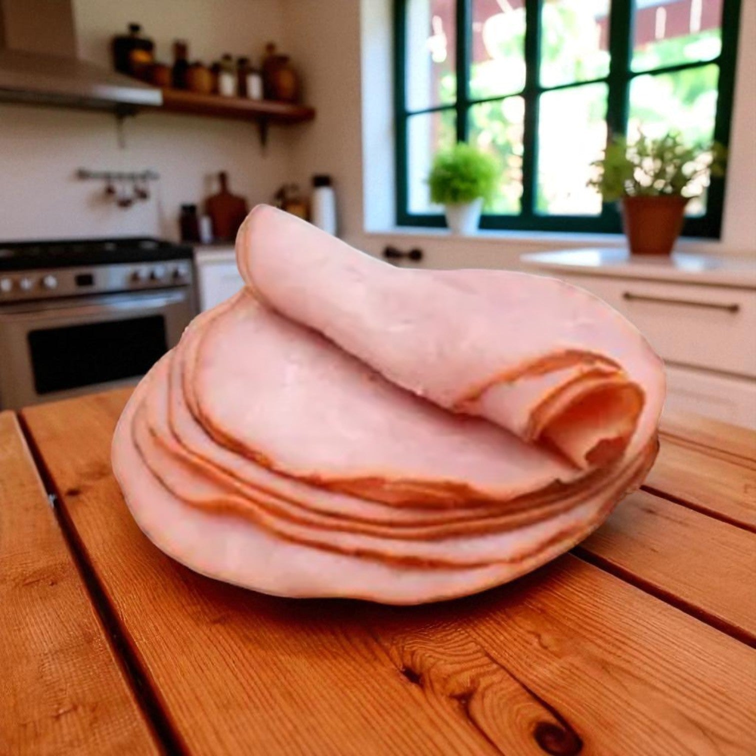 A stack of Dean Halal Turkey Ham-1 Case by Restaurant Depot is placed on a wooden kitchen table, with a stove, shelves, and window in the background.