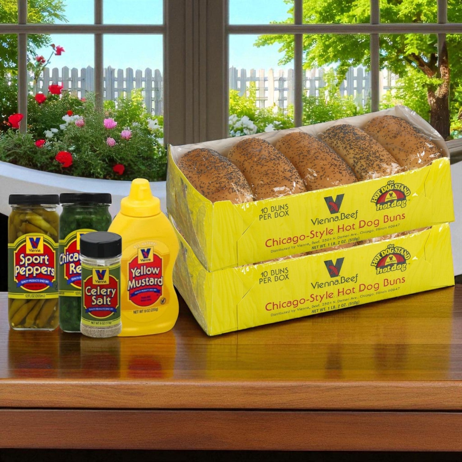 The Vienna Beef Chicago-Style Hot Dog Complete Kit includes buns, yellow mustard, celery salt, sport peppers, and relish—everything you need for authentic Chicago dogs from the trusted Vienna Beef brand.